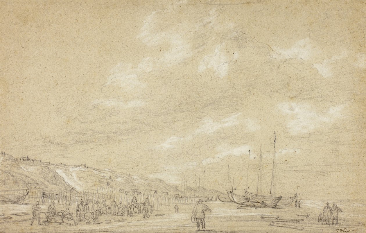 Rybáři sušící sítě na pláži Scheveningen od Simon Jacobsz. Vlieger