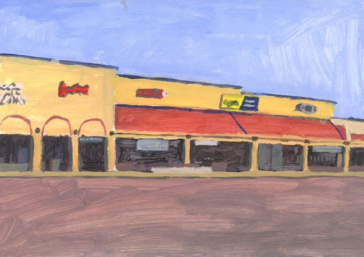 Strip mall 7, 2023 (akryl na papíře) od Simon Neville