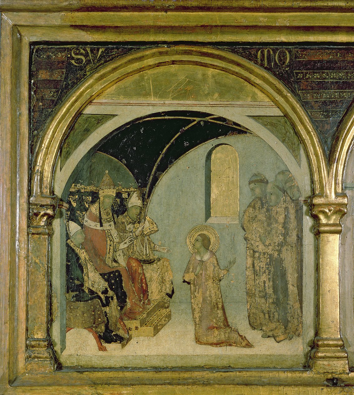 Detail zobrazující sv. Ludovika před papežem Bonifácem VIII. z predely sv. Ludovika od Simone Martini