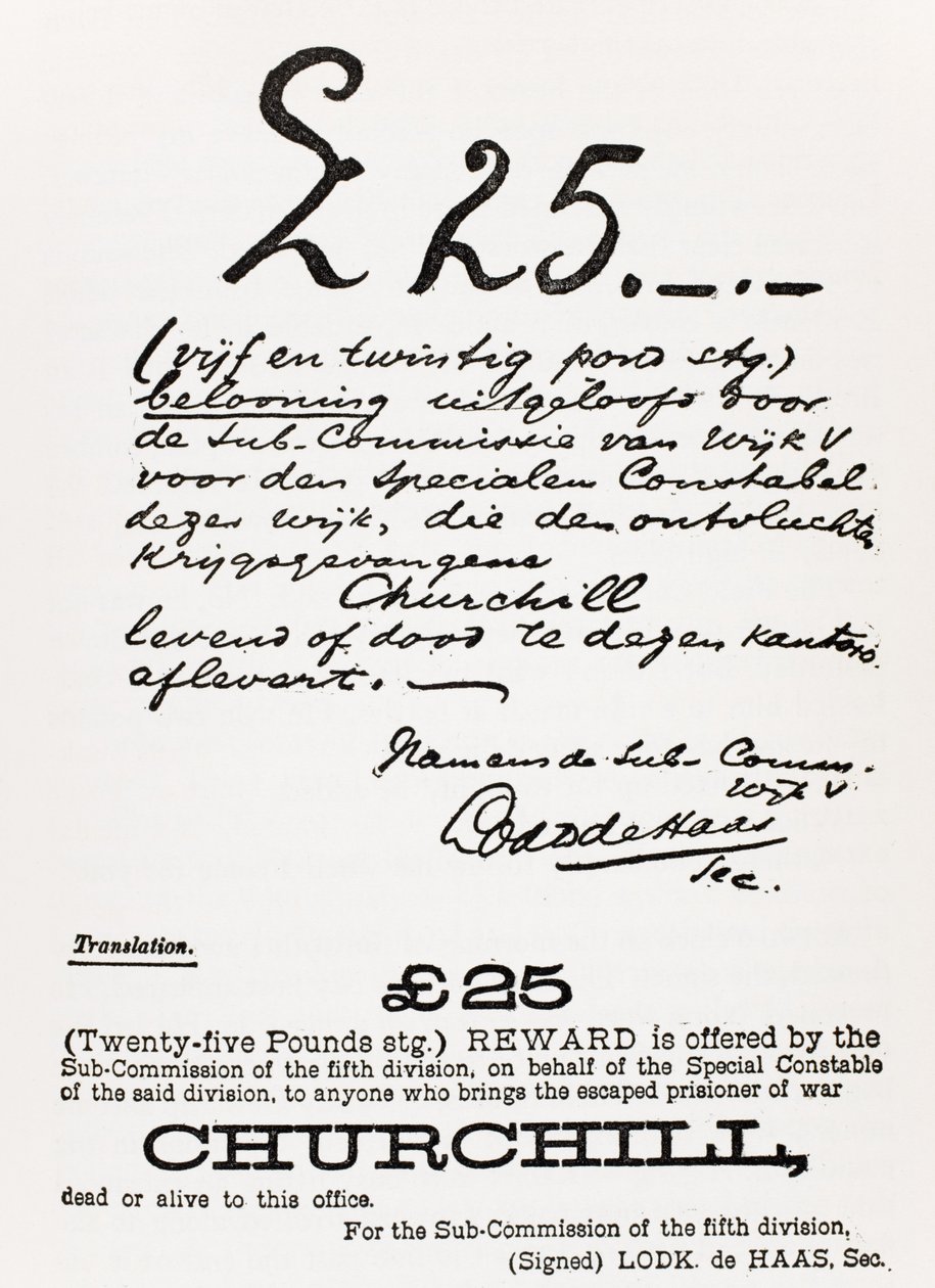 Hledaný plakát pro uprchlého válečného zajatce Churchilla, z „A Roving Commission by Winston S. Churchill“, publikoval Scribner