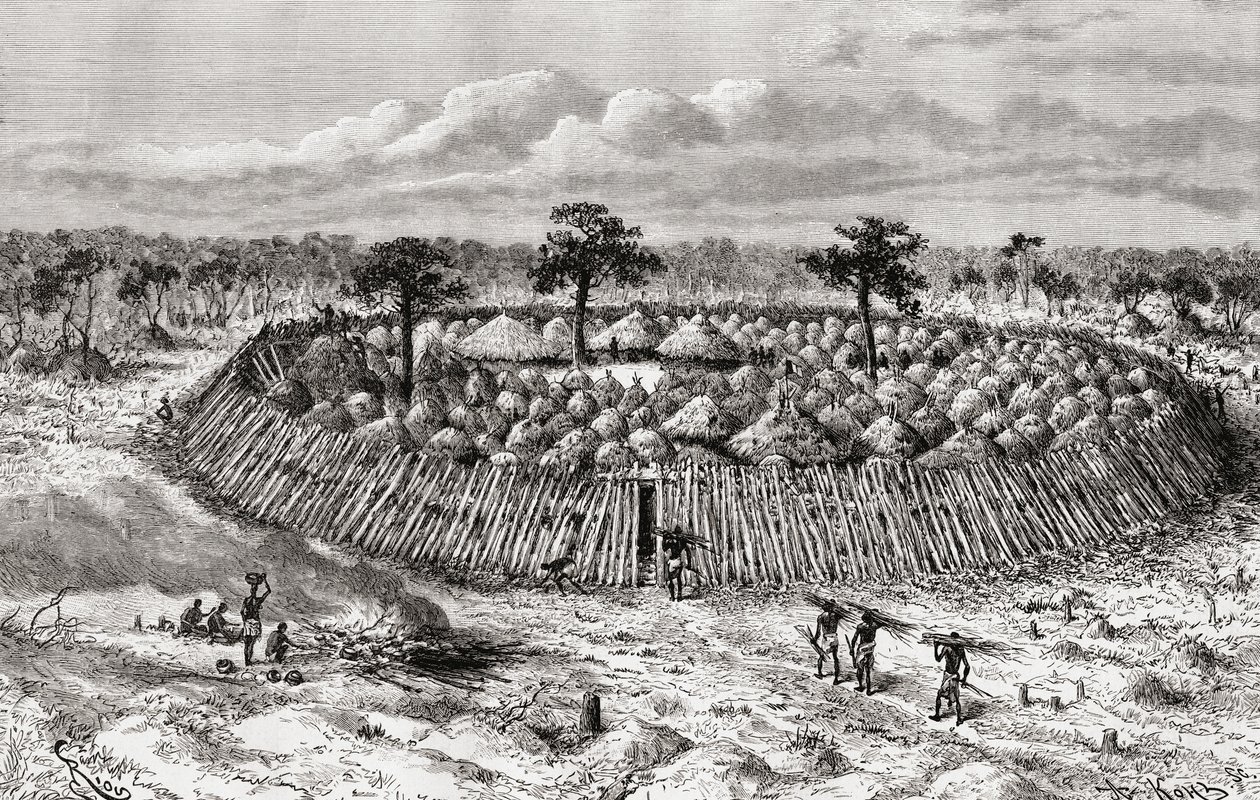 Konžská vesnice v polovině 19. století, z „Africa Pintoresca“, vydáno 1888 od Spanish School