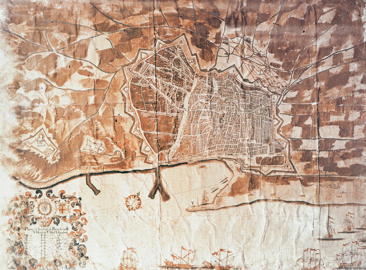 Mapa města Barcelony, 1697 od Spanish School