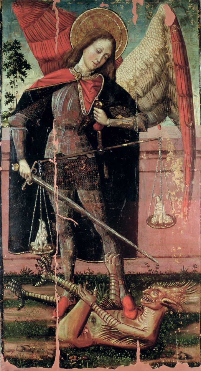 St. Michael Weighing Souls (tempera na panelu) od Spanish School