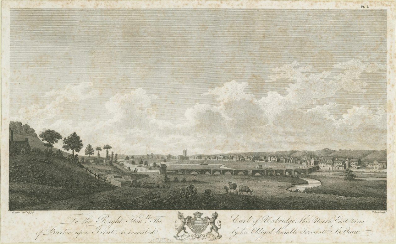 Burton-upon-Trent Bridge and Town: rytina, 1779 od Stebbing Shaw