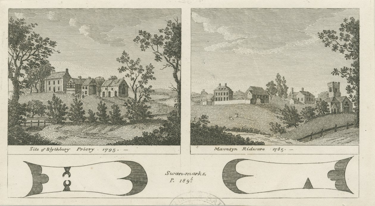Mavesyn Ridware Hall - Gatehouse: rytina, 1785 od Stebbing Shaw