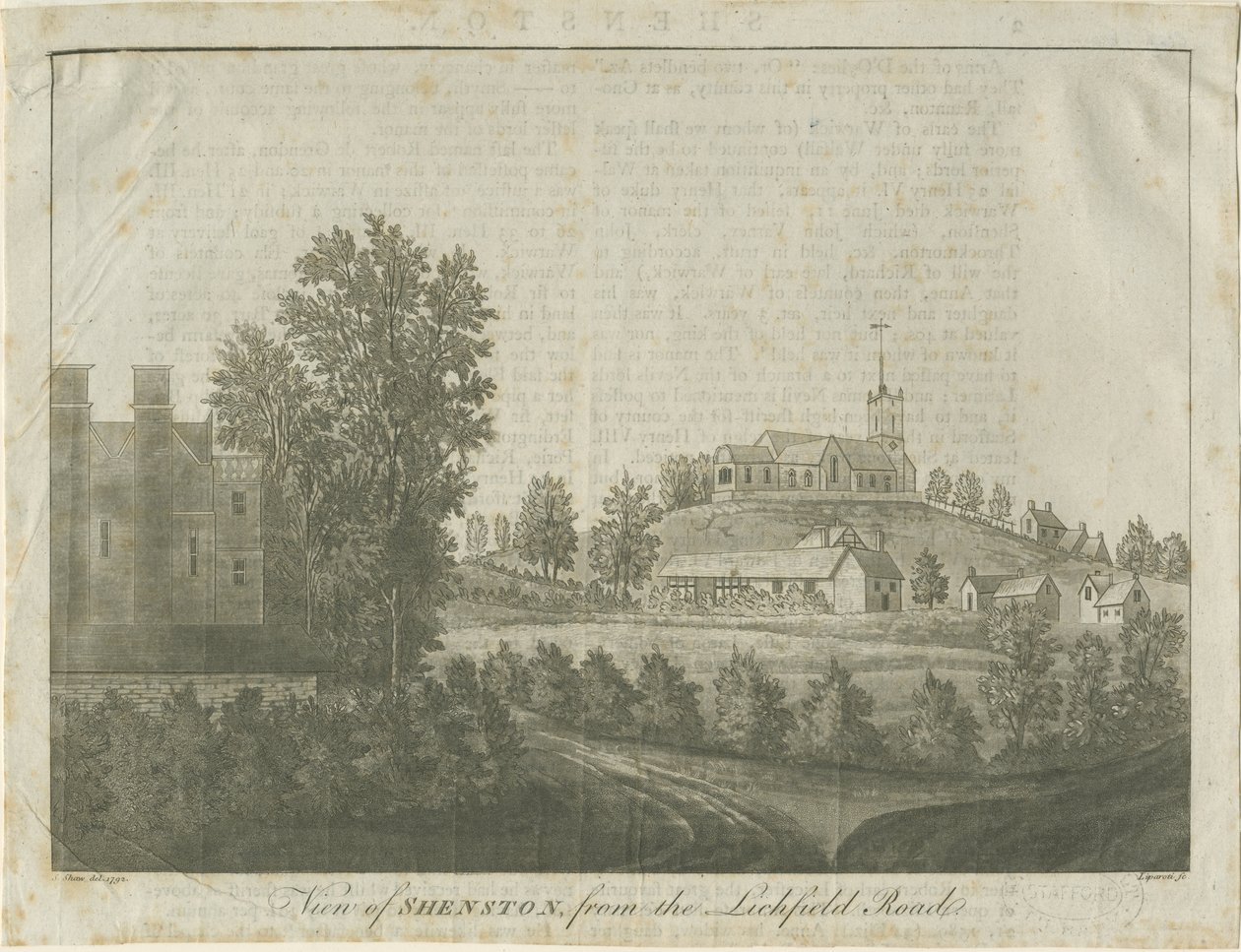 Shenstone Church and Village: rytina akvatinty, 1792 od Stebbing Shaw