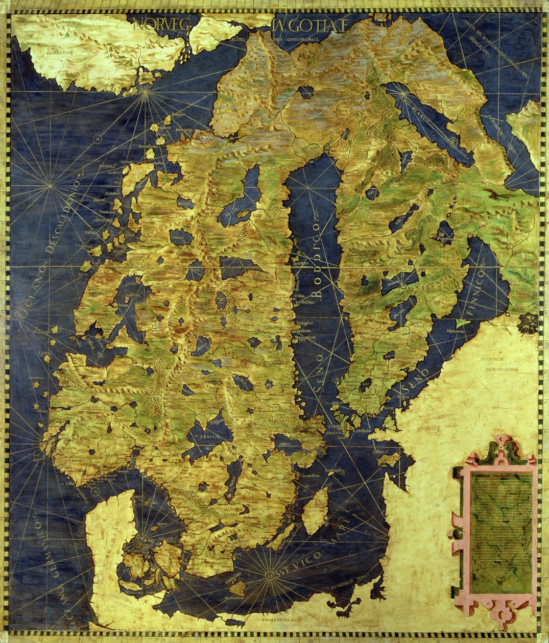 Mapa Skandinávie šestnáctého století, ze „Sala delle Carte Geografiche“ (síň geografických map) 1575 od Stefano and Danti, Egnazio Bonsignori