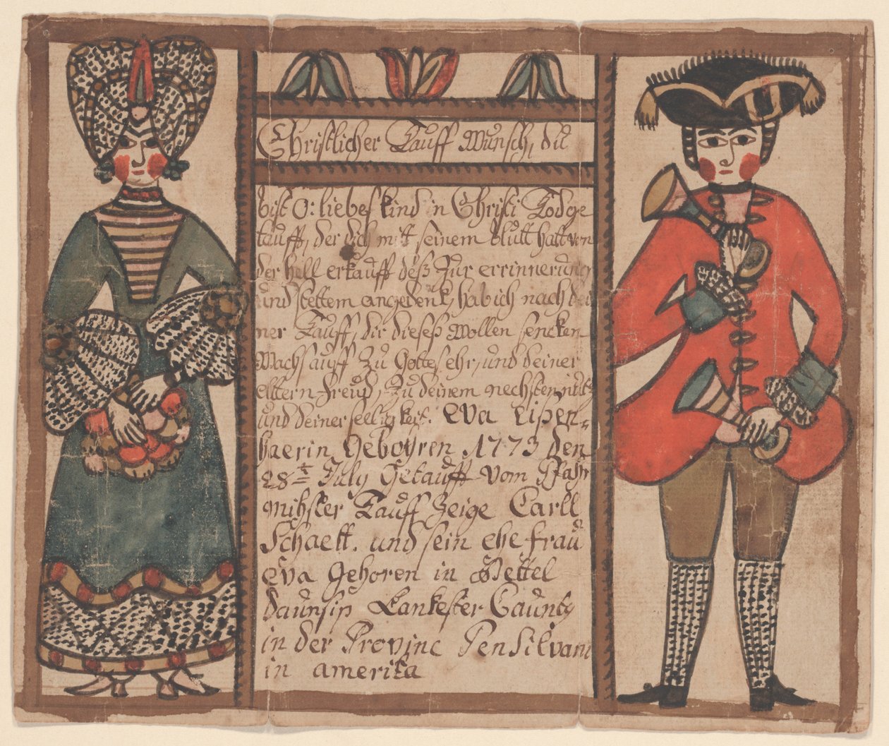 Rodný a křestní list Evy Eissenhaerové, cca 1773 (perem a tuší a čb na papíře) od Sussel Washington Artist