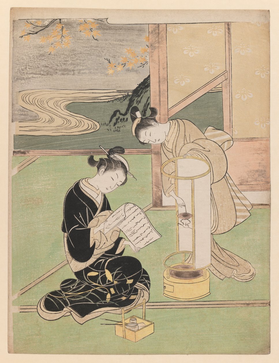 Evening Glow in the Paper-Covered Night-Light, ze série Eight Parlor Views, 1766 (barevný dřevotisk) od Suzuki Harunobu