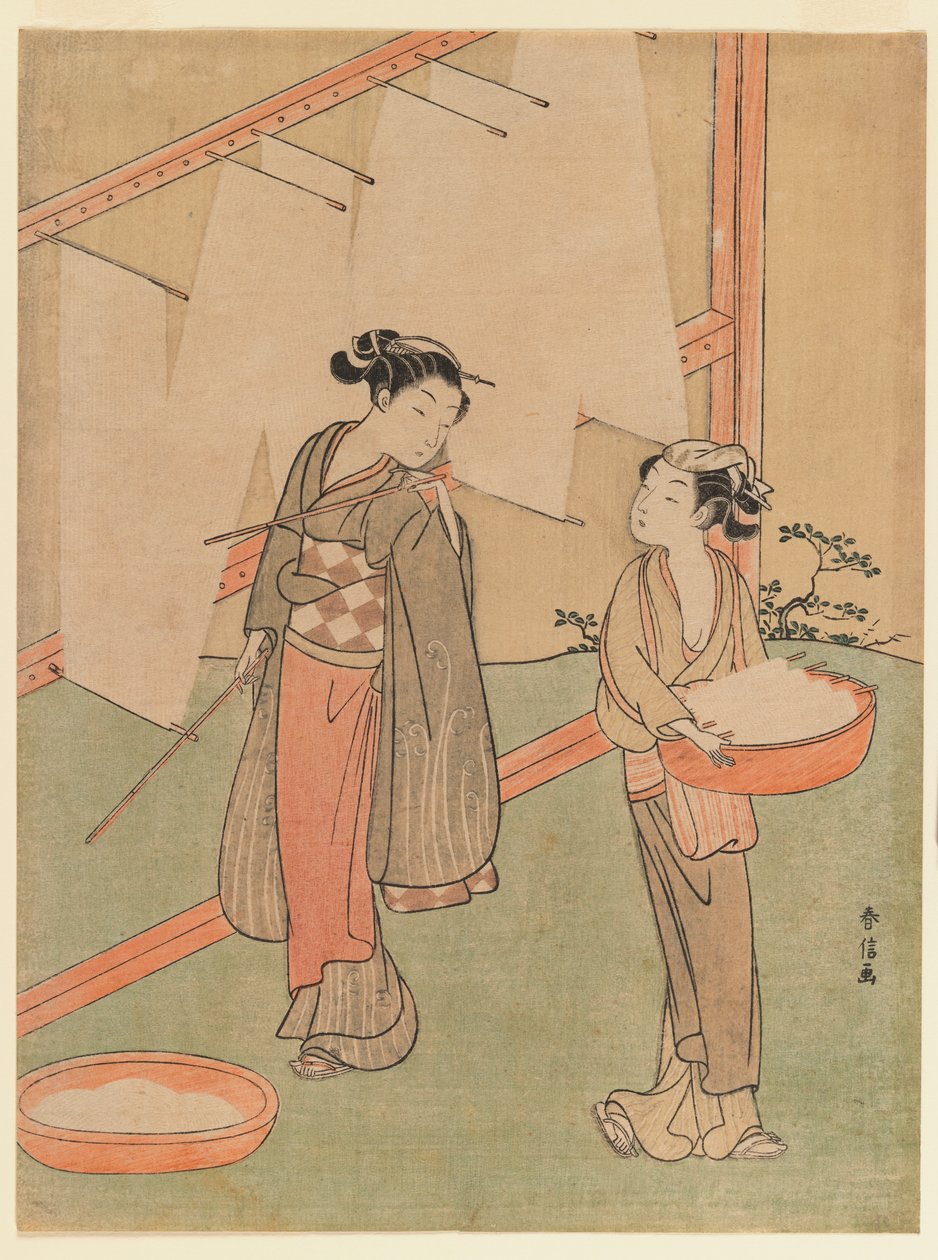 Mladá dívka a sluha sušící japonské jemné nudle, cca 1766 (barevný dřevotisk) od Suzuki Harunobu