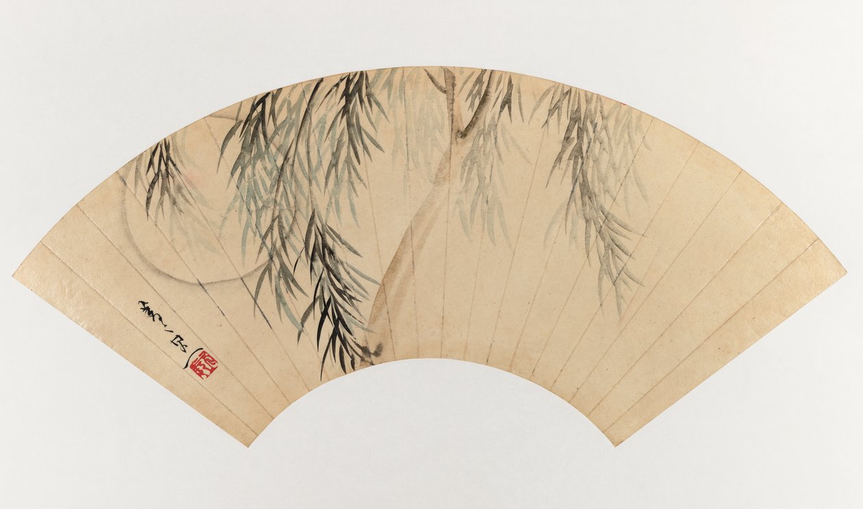 Willow and Moon (Fan Painting) (malba vějíře, inkoust a světlá barva na papíře) od Suzuki Kiitsu