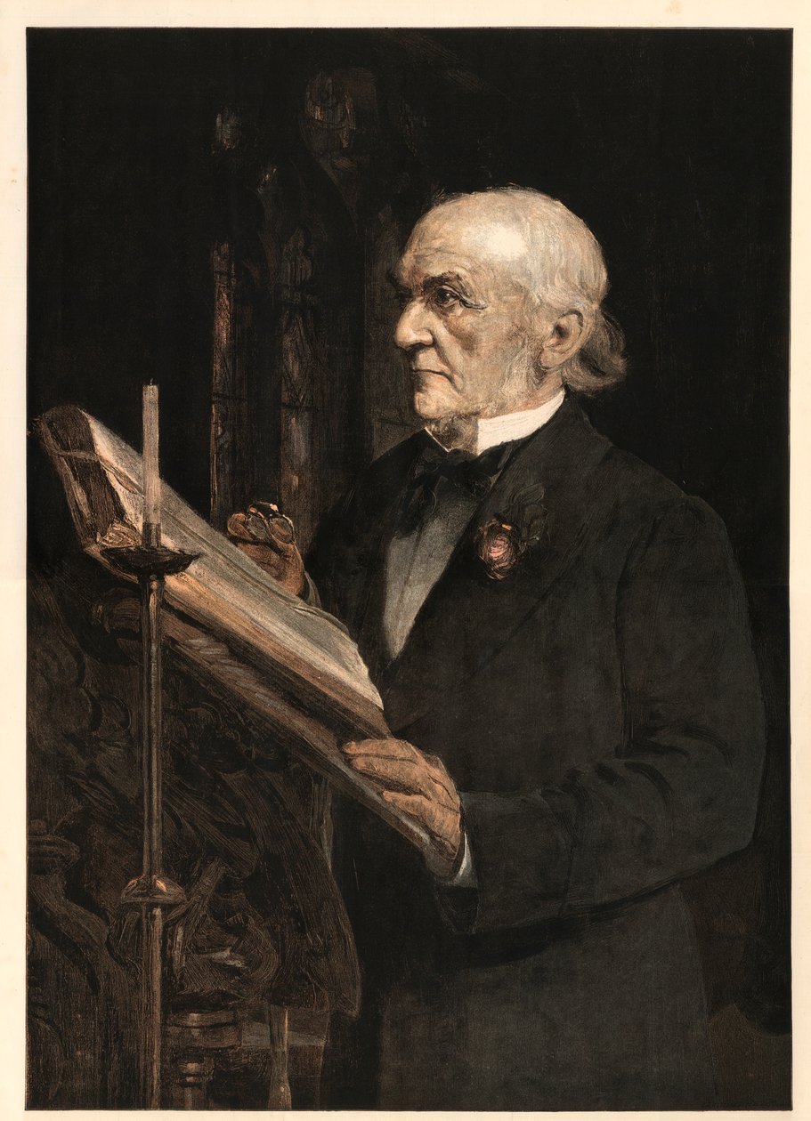 William Ewart Gladstone (1809-1898) anglický státník, četl Lekci v Hawarden Church. od Sydney Prior after Hall