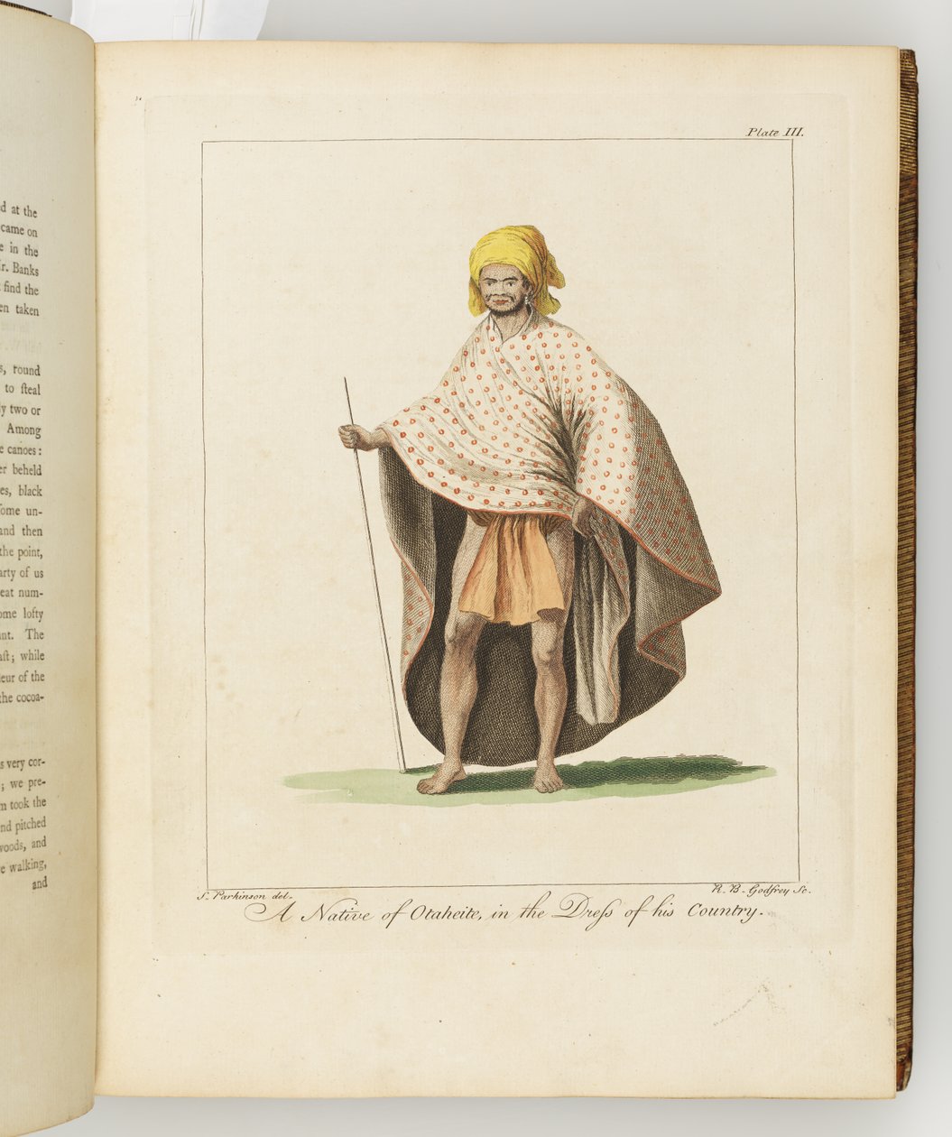 A Native of Otaheite, ilustrace z deníku o plavbě do jižních moří: na lodi Jeho Veličenstva, Endeavour, 1794 (ručně kolorovaná rytina) od Sydney