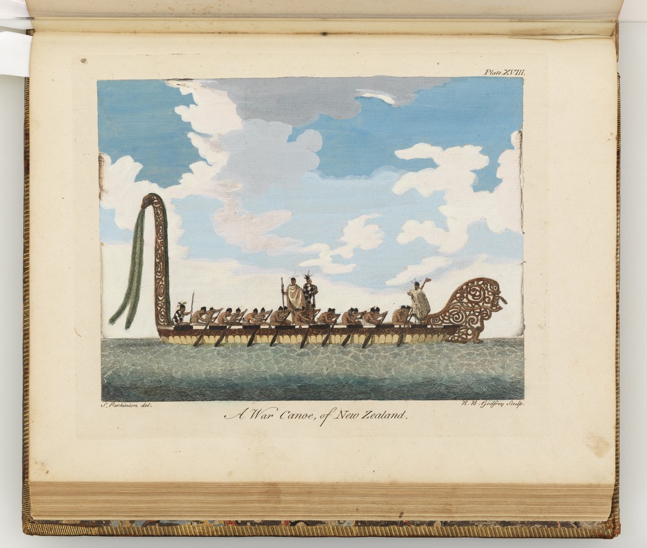 Válečná kánoe Nového Zélandu, ilustrace z deníku o plavbě do jižních moří: na lodi Jeho Veličenstva, Endeavour, 1794 (ručně kolorovaná rytina) od Sydney