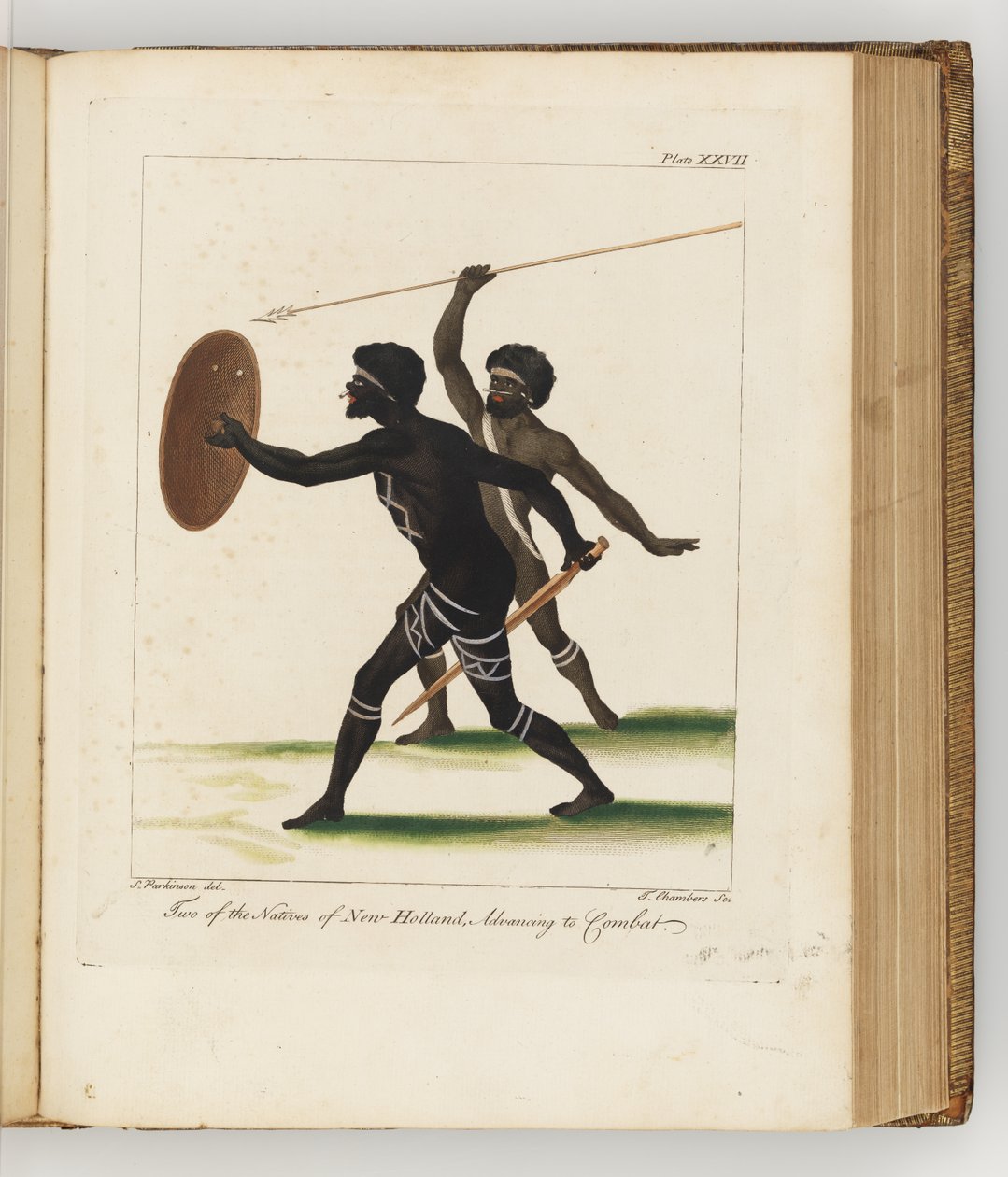 Dva z domorodců z Nového Holandska, ilustrace z deníku o plavbě do jižních moří: na lodi Jeho Veličenstva, Endeavour, 1794 (ručně kolorovaná rytina) od Sydney