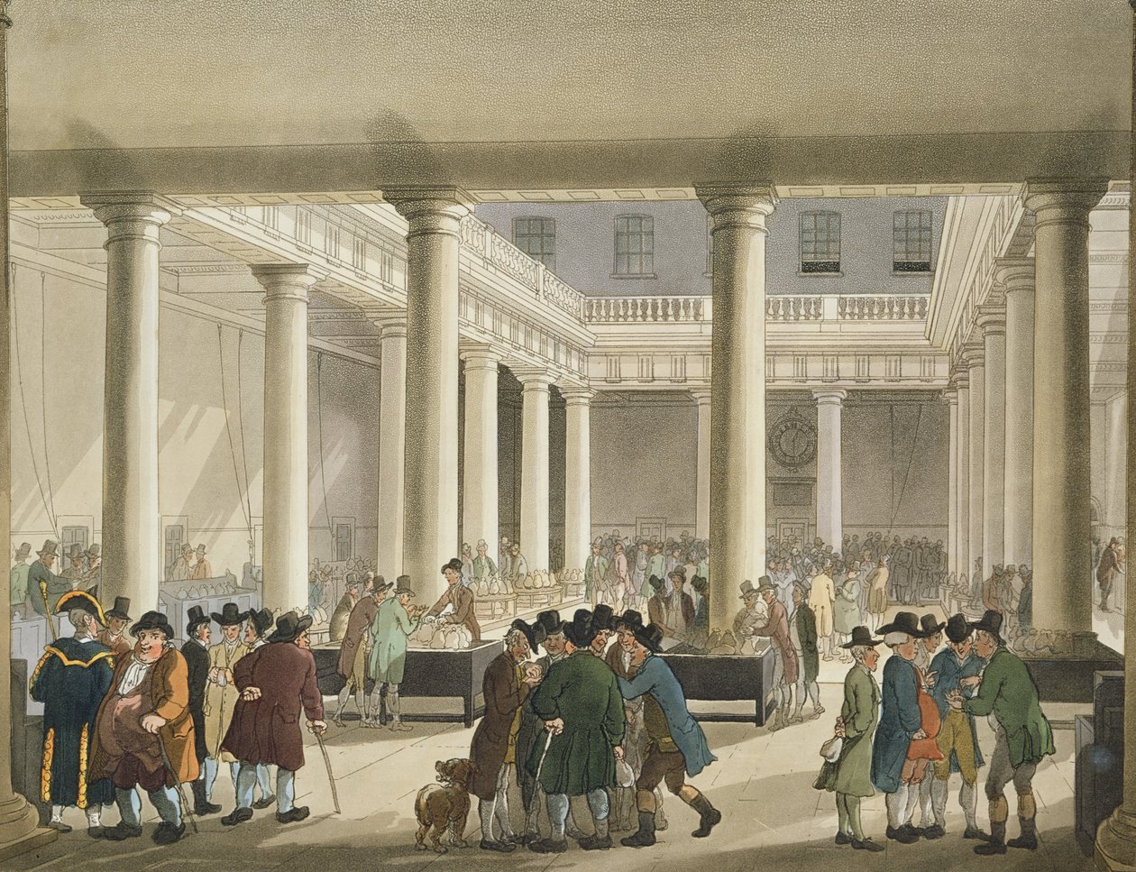 Kukuřičná burza z Ackermannova „Microkosmu Londýna“, 1808 (akvatinta) od Pugin and Rowlandson
