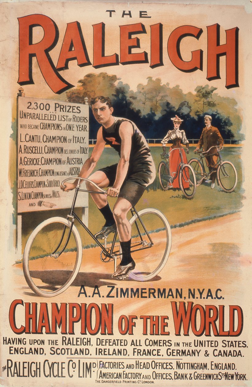 Plakátové reklamní cykly Raleigh s portrétem Arthura Augusta Zimmermana, mistra světa, 1893 od T. Moore