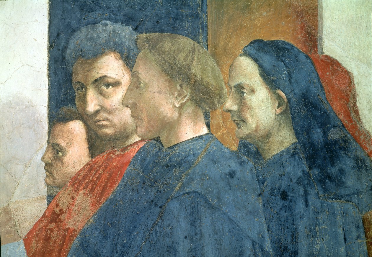 Vzkříšení syna Theofila, krále Antiochie, a svatý Petr intronizovaný jako první biskup Antiochie (detail tváří na pravé straně davu) asi 1427 a asi 1480 (viz také 63302) od Tommaso Masaccio