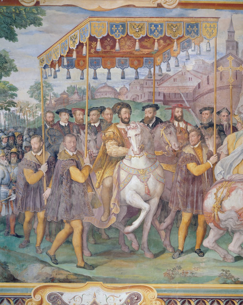 Slavnostní vstup císaře Karla V., Františka I. a Alessandra Farneseho do Paříže v roce 1540 ze „Sala dei Fasti Farnese“, 1557-66 od Federico Zuccaro
