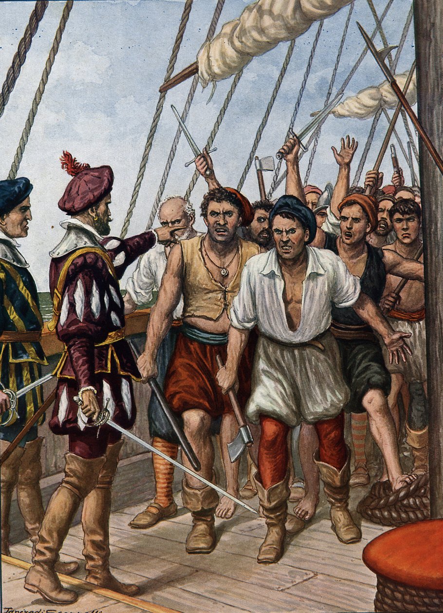Vzpoura posádky portugalského Flor de La Mar proti jejich generálovi Afonso de Alberquerque v roce 1511, ilustrace z „Historie navigátorů“, 1936 od Tancredi Scarpelli