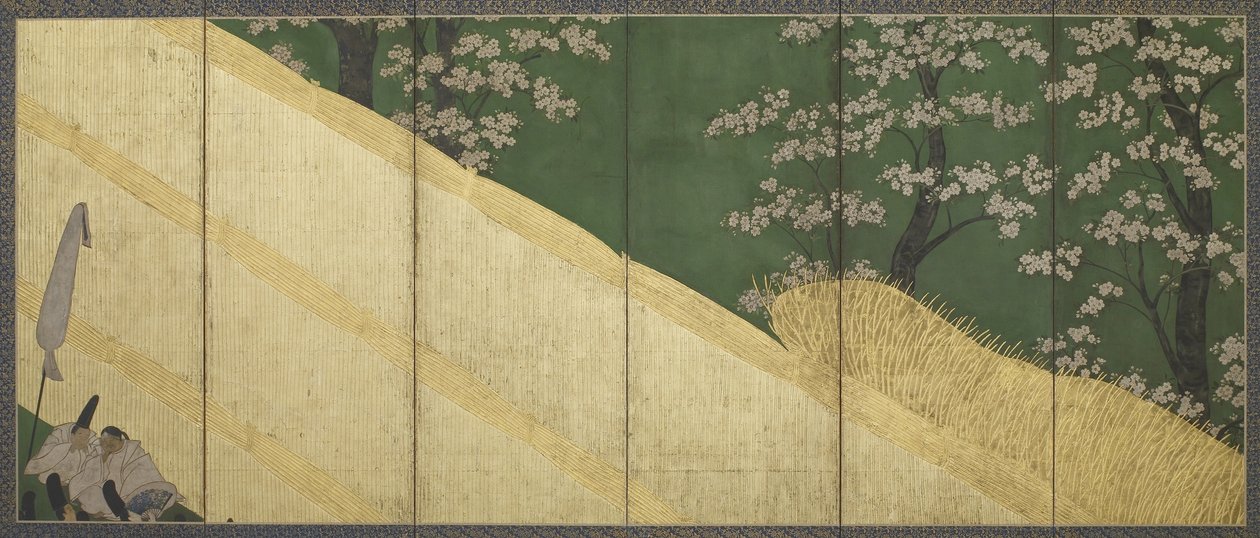 Třešňové květy, vysoký plot a opěrky, období Edo, 1590-1640 (barva a zlato na papíře) od Tawaraya Sotatsu