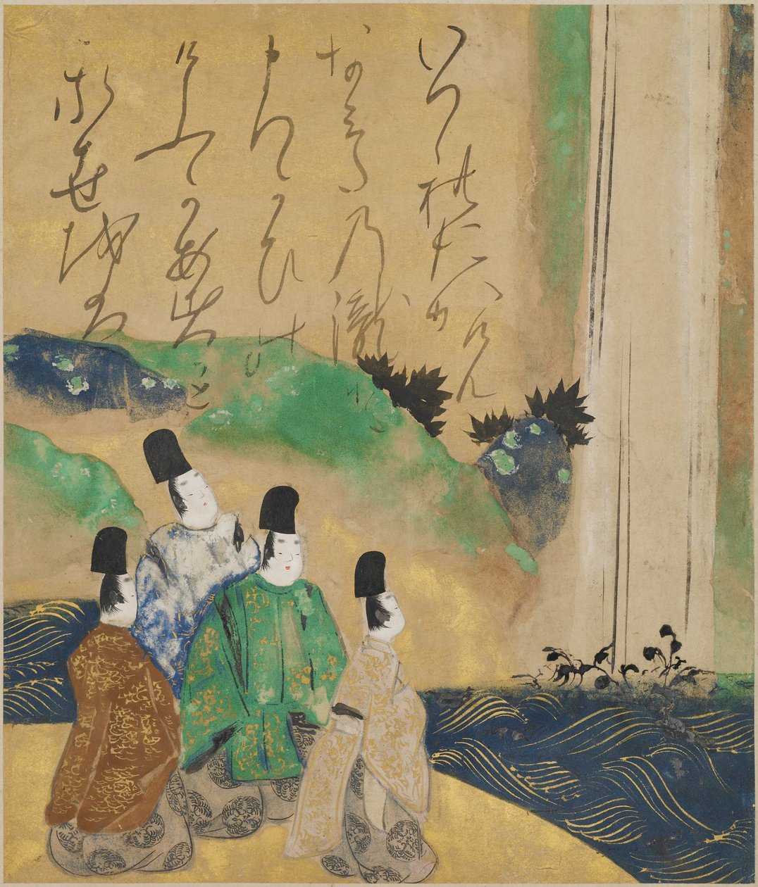 Nobles Viewing the Nunobiki Waterfall, cca 1643 (inkoust a barva na papíře) od Tawaraya Sotatsu