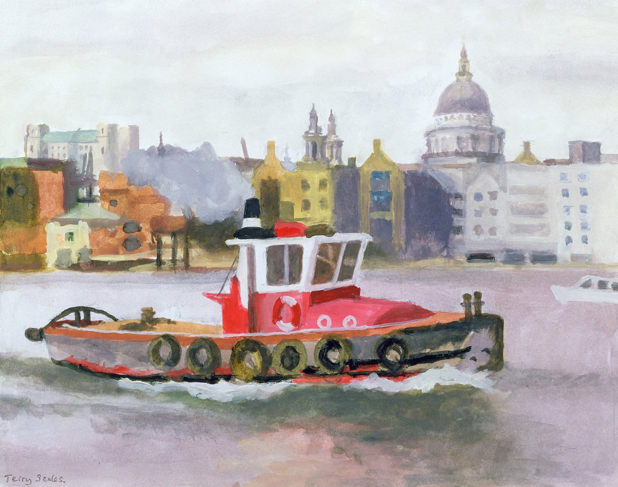 Red Tug projíždějící St. Pauls, 1996 (wc und kvaš na papíře) od Terry Scales