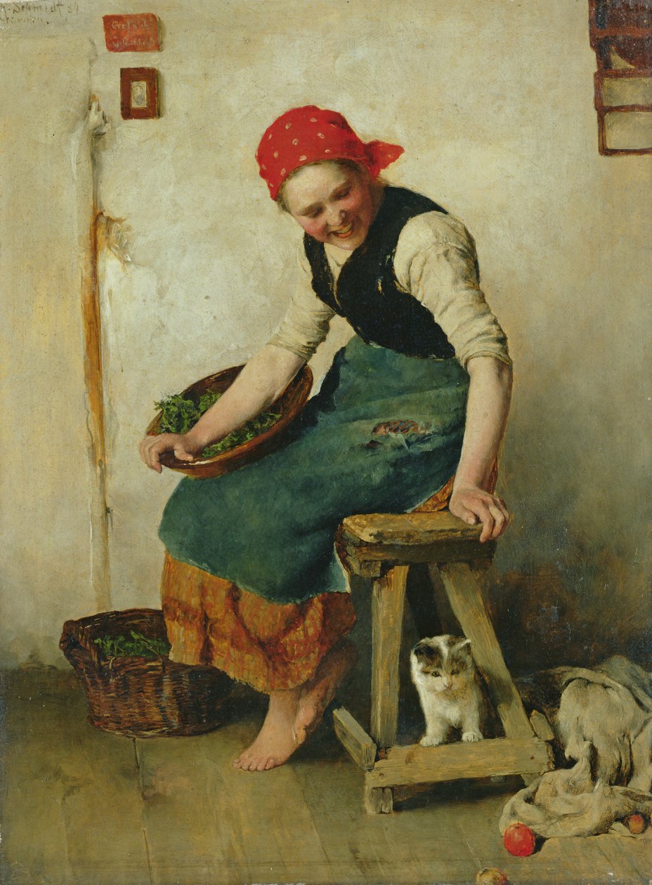 Mladá dívka s kočkou, 1884 (olej na papíře) od Theodor Schmidt