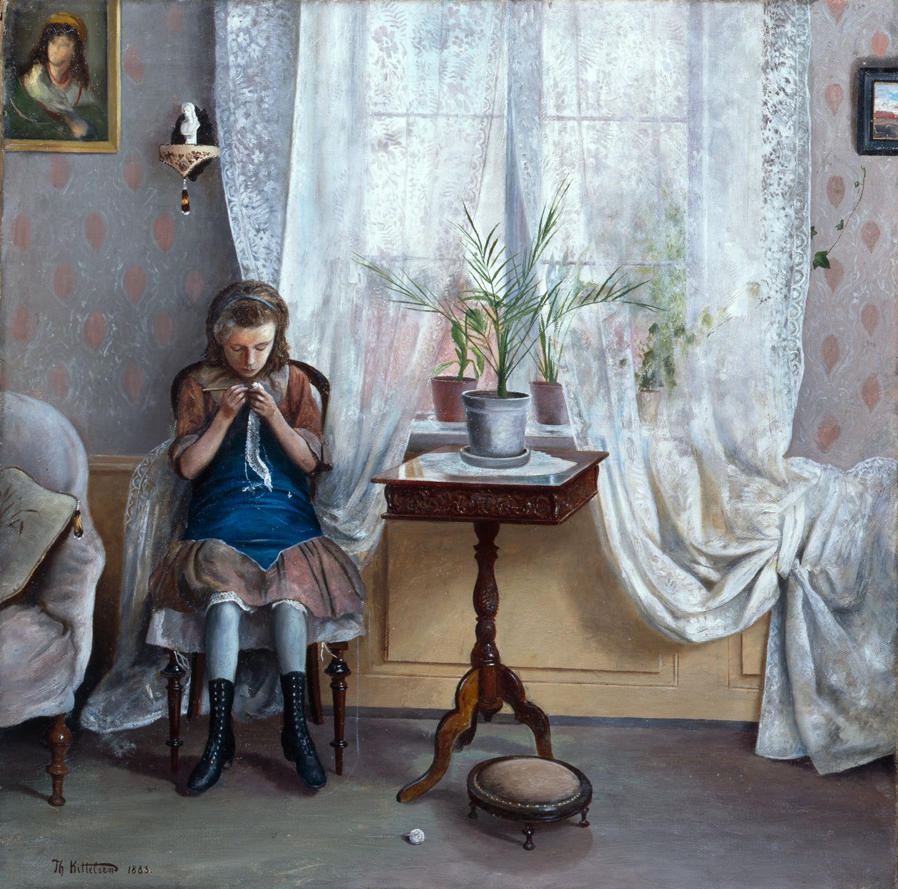 Interiér s dívčím háčkováním od Theodor Kittelsen