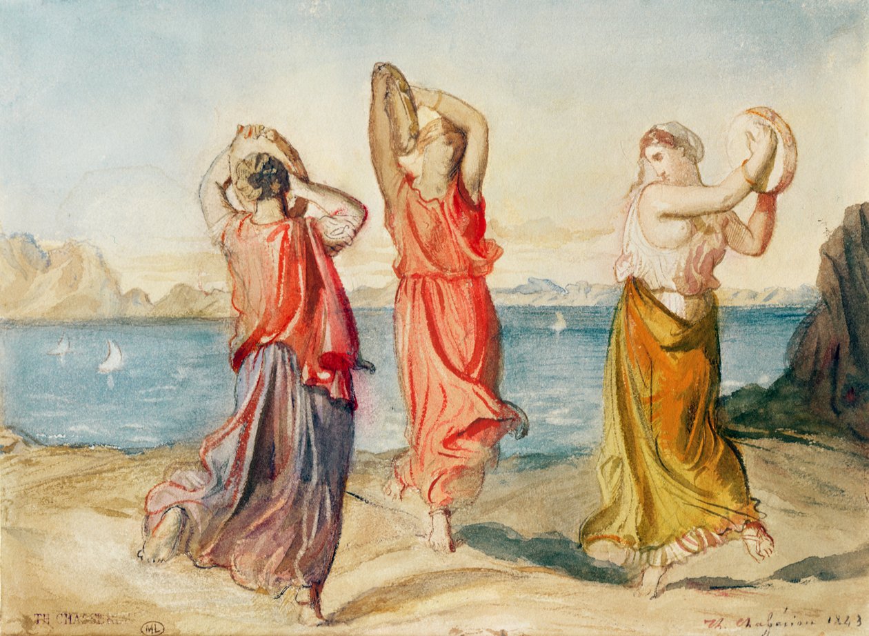 Three Tamburine Dancers, 1843 (tužka a akvarel na papíře) od Théodore Chassériau