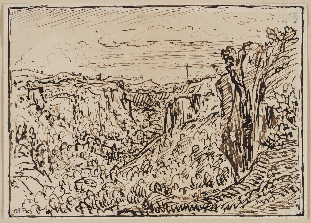 Kopcovitá krajina (The Lizon River Gorge), c. 1861-63 (inkoust na papíře) od Theodore Roussel