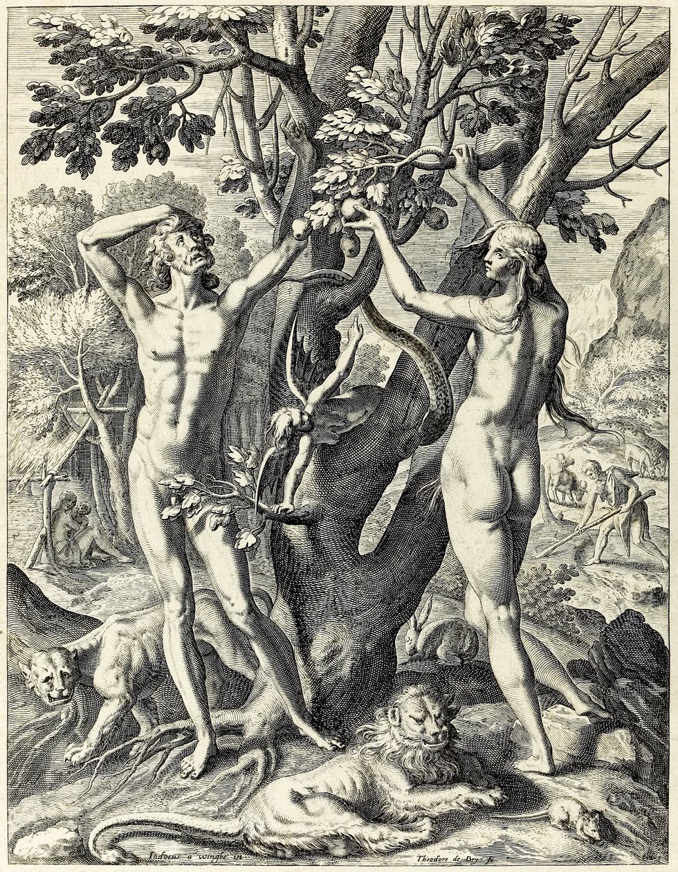 Adam a Eva v zahradě Eden od Theodore de Bry