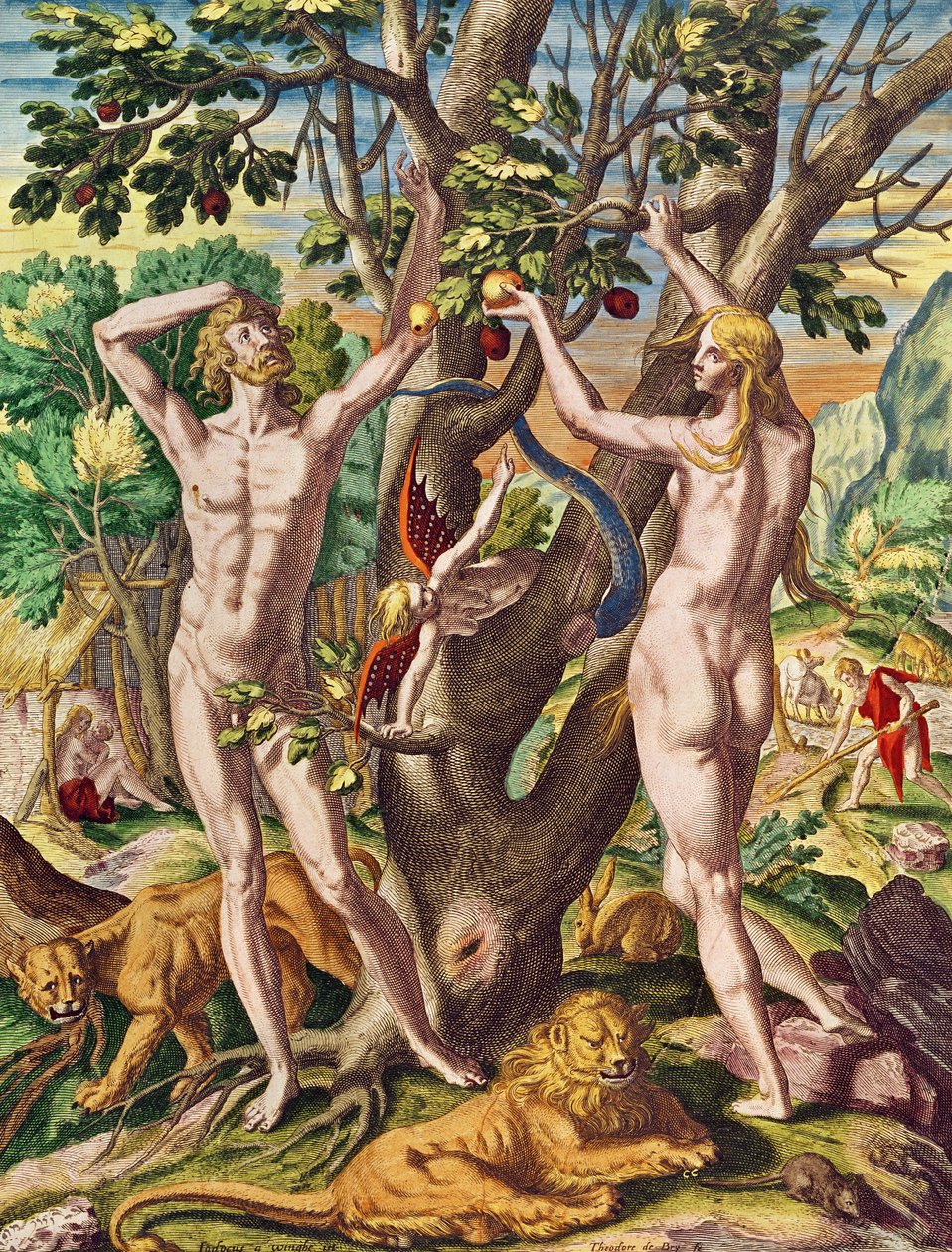 Admiranta Narratio.... Adam a Eva (strana 40), 1585-1588 (barevná rytina) od Theodore de Bry