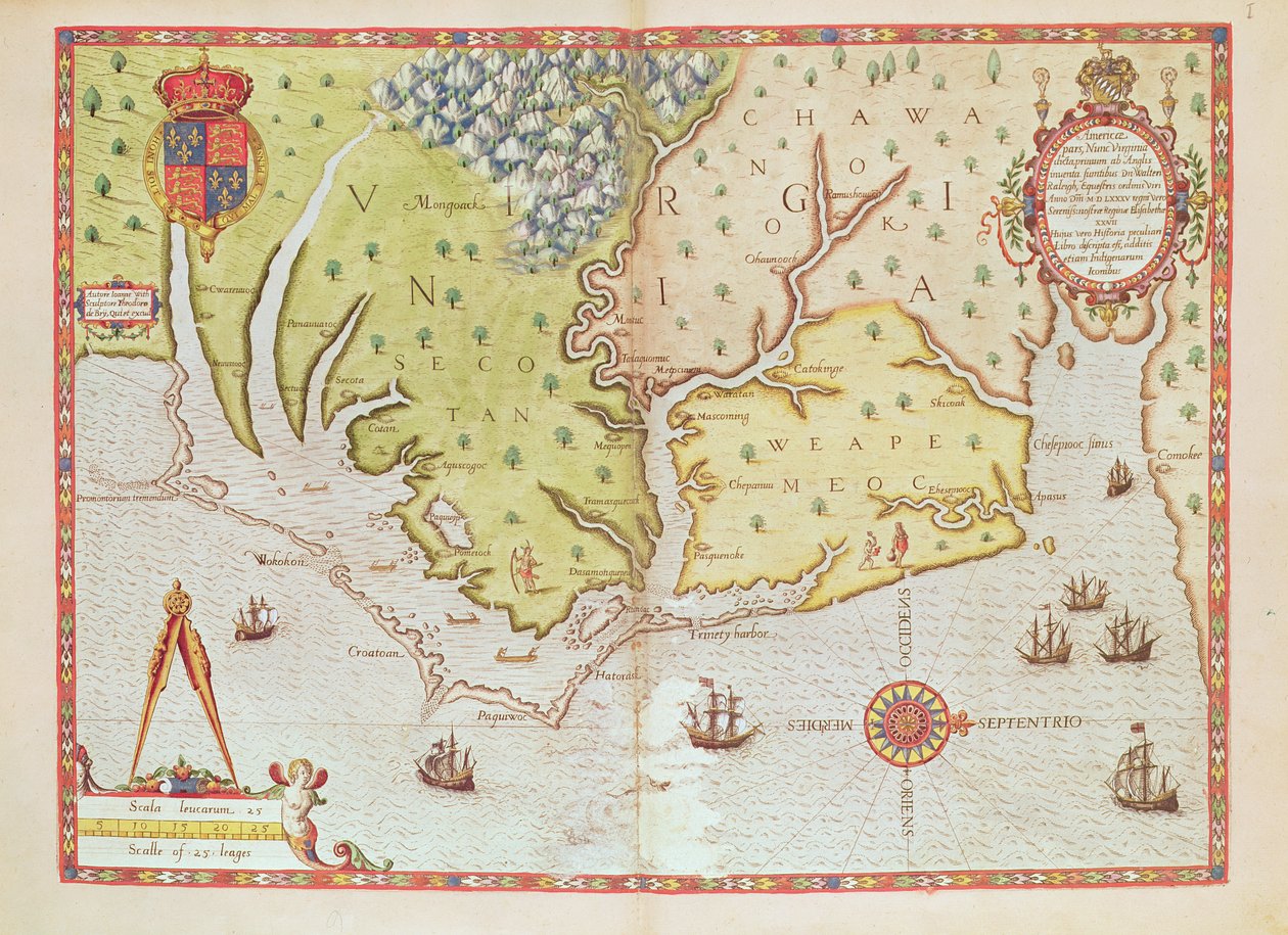 Admiranta Narratio... Mapa Virginie (strana 44-45), 1585-1588 (barevná rytina_ od Theodore de Bry