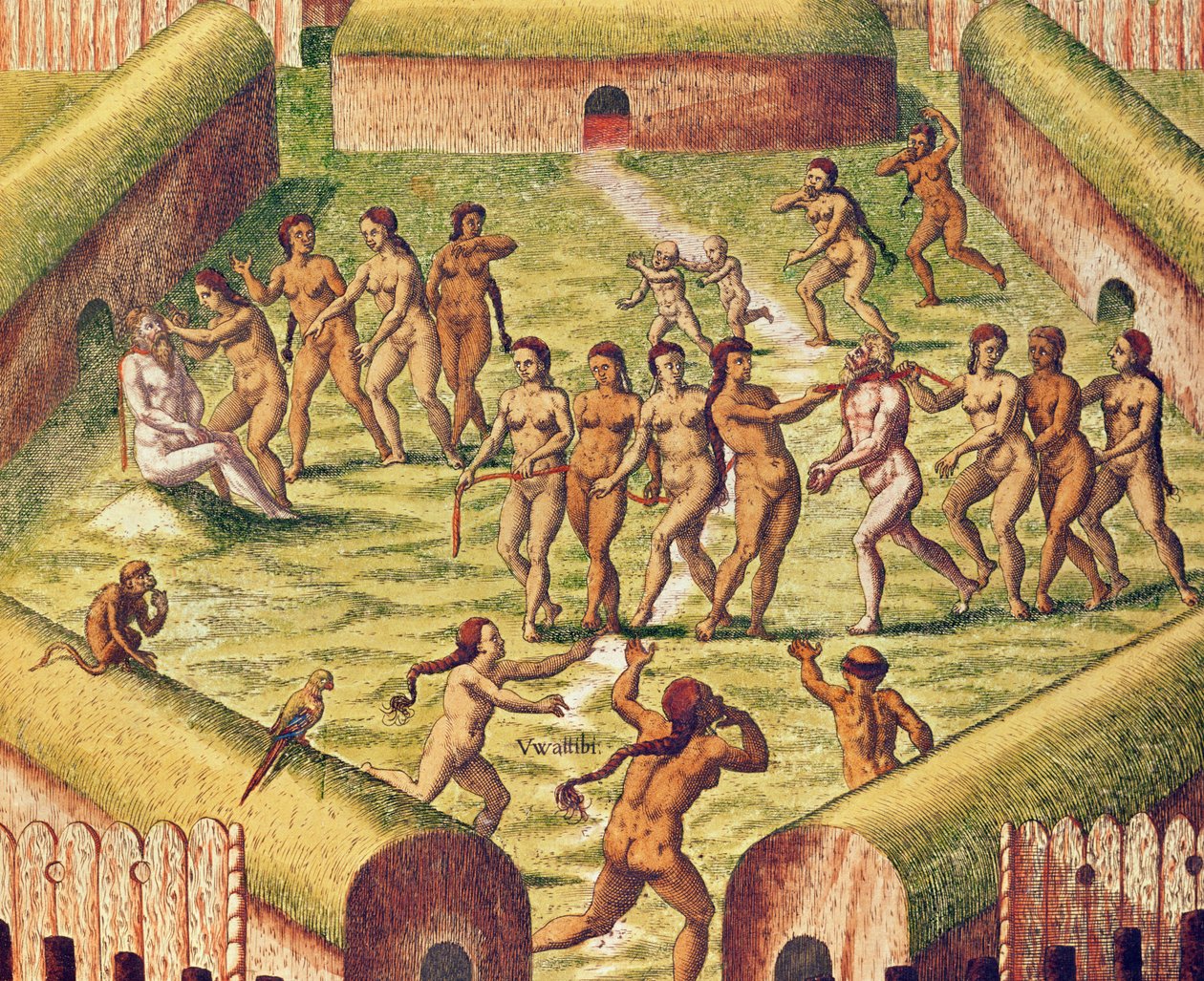 Americae Tertia Pars, vězeň uprostřed domorodé indiánské vesnice (strana 353), 1562 (barevná rytina) od Theodore de Bry