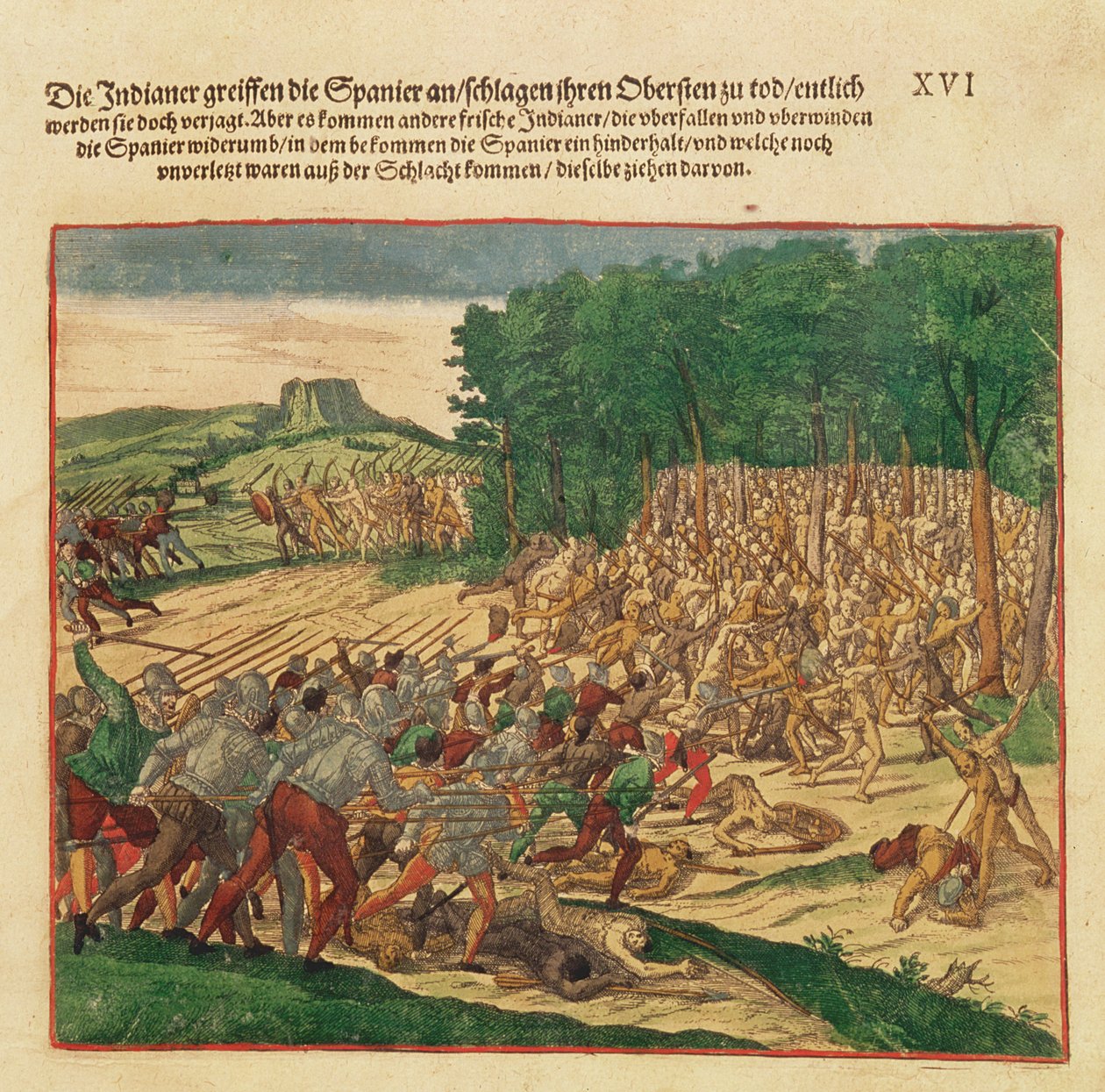 Bitva mezi Indiány a Španěly, ve které byl španělský plukovník ubit k smrti od Theodore de Bry