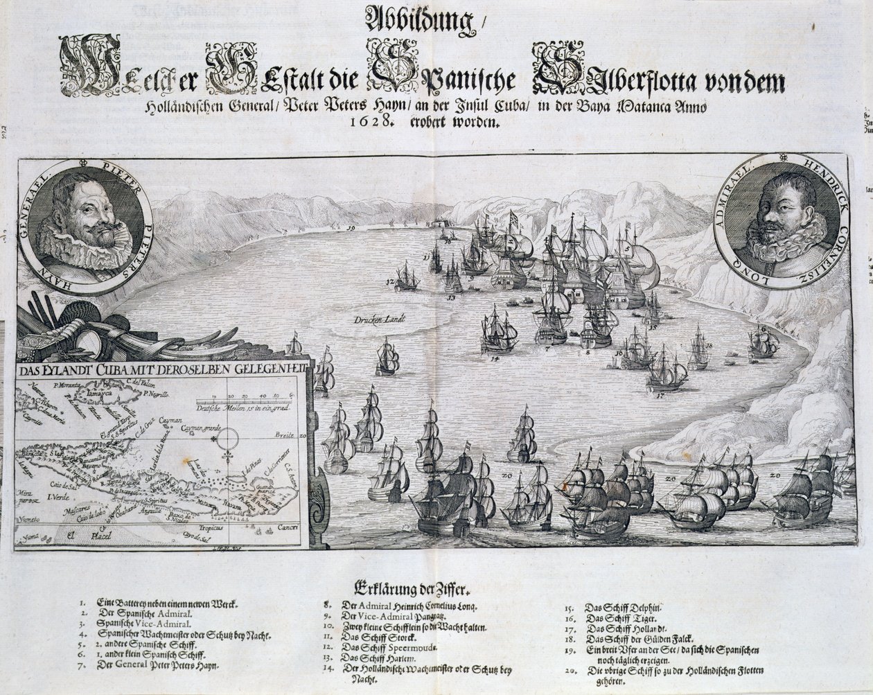 Zajetí španělské flotily Holanďany pod vedením admirála Pieta Heyna (1578-1629) u Matanzasu na Kubě, 1628, z knihy "Newe Welt und Americanische Historien" od Johanna Ludwiga Gottfrieda, vydané Mattaeusem M. od Theodore de Bry