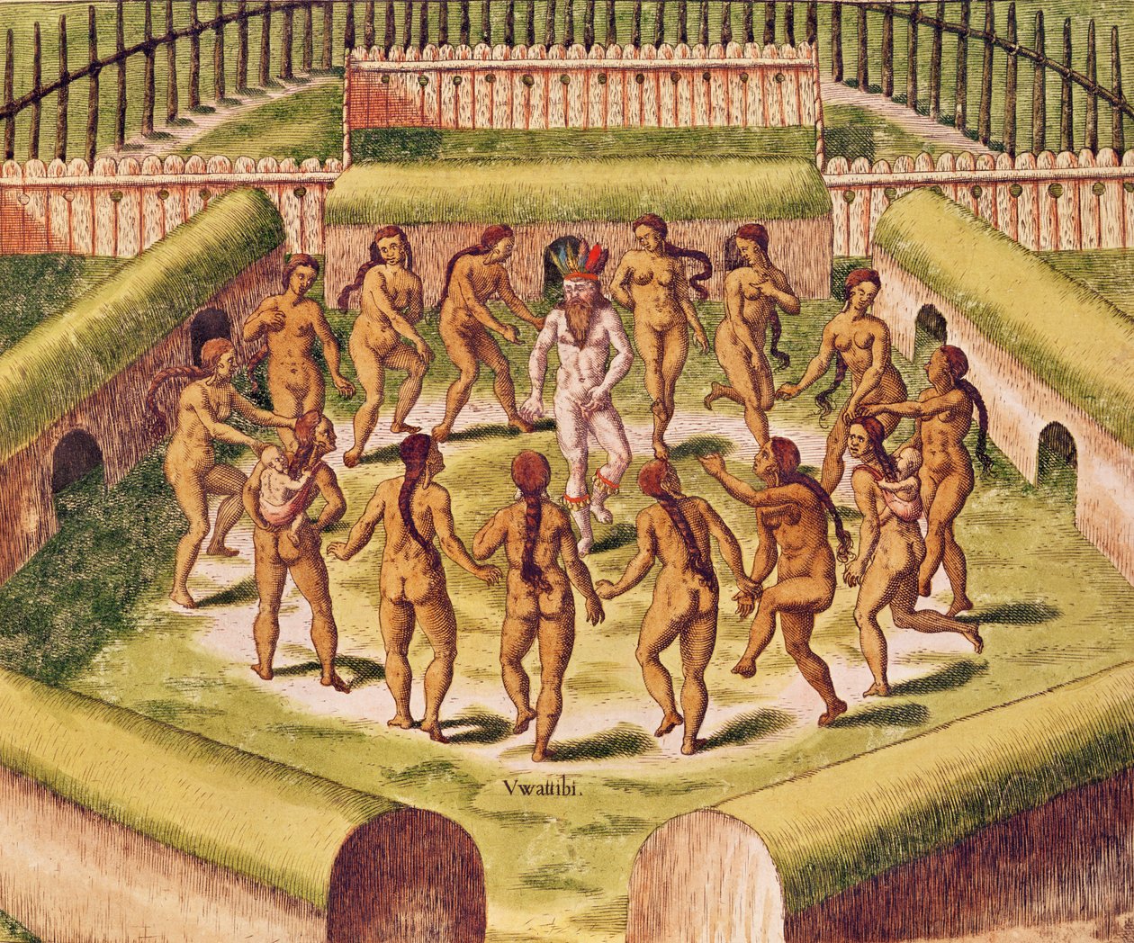 Tanec kolem zajatce před chýší obsahující Tamerky nebo idoly, z „Americae Tertia Pars...“, 1562 od Theodore de Bry