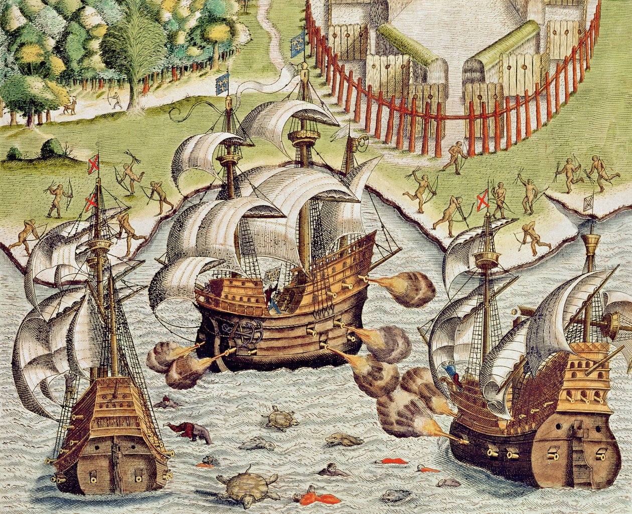 Námořní bitva mezi Portugalci a Francouzi v mořích u Potiguaranských území, z „Americae Tertia Pars...“, 1592 od Theodore de Bry