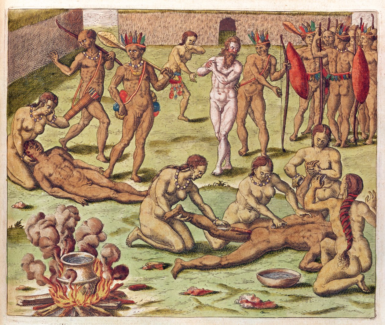 Navigace v brazilské Americe, Sacrifice of a Barbarian (strana 525), 1563 (barevná rytina) od Theodore de Bry