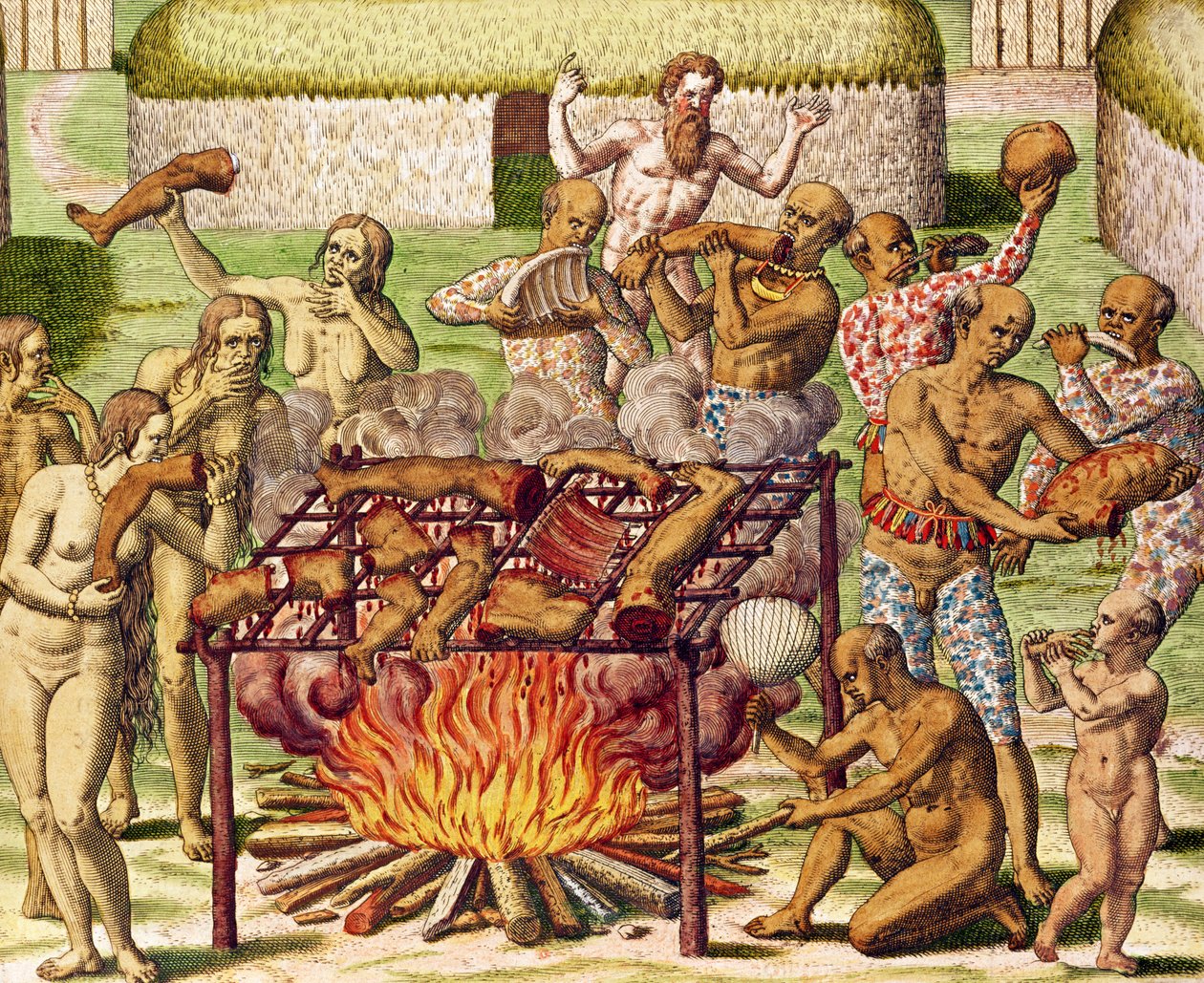 Scéna kanibalismu z knihy "Americae Tertia Pars...", 1592 (barevná rytina) od Theodore de Bry