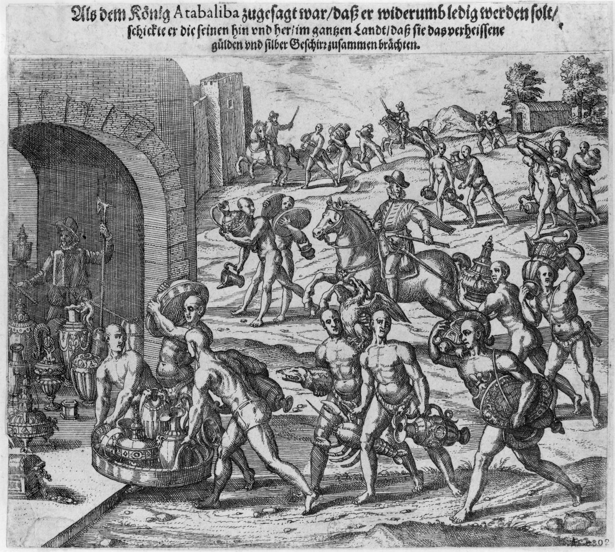 Výkupné, které král Atahualpa (asi 1502-33) nabídl Franciscu Pizarrovi, 1533 od Theodore de Bry