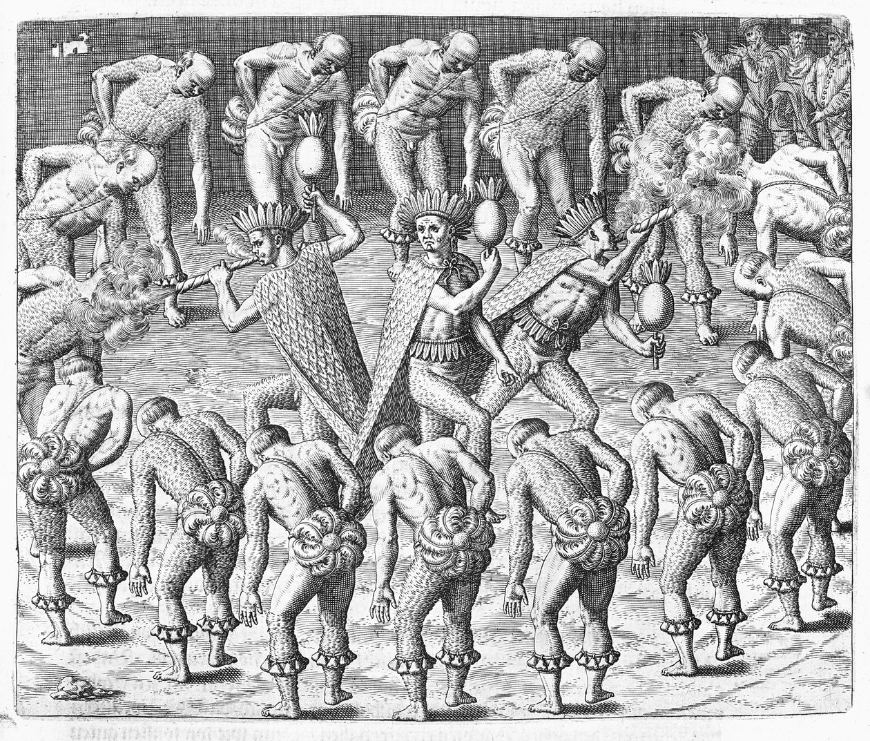 Indiáni Tupinamba pozorovaní Hansem Stadenem během své cesty do Brazílie v roce 1552 z knihy „Newe Welt und Americanische Historien“ od Johanna Ludwiga Gottfrieda, kterou vydal Mattaeus Merian, Frankfurt, 1631 (angl. od Theodore de Bry