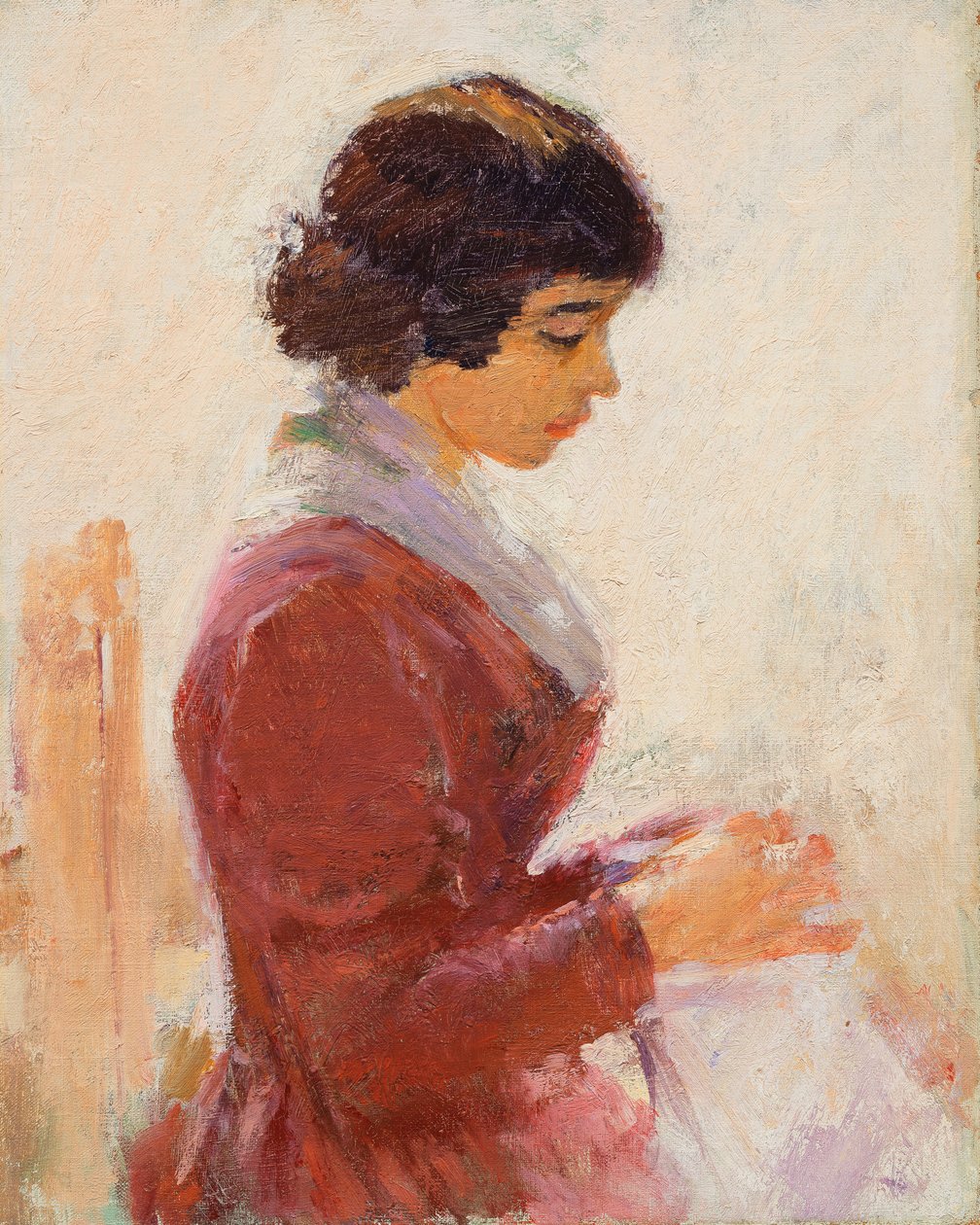 Dívka v červeném, šití, od Theodore Robinson