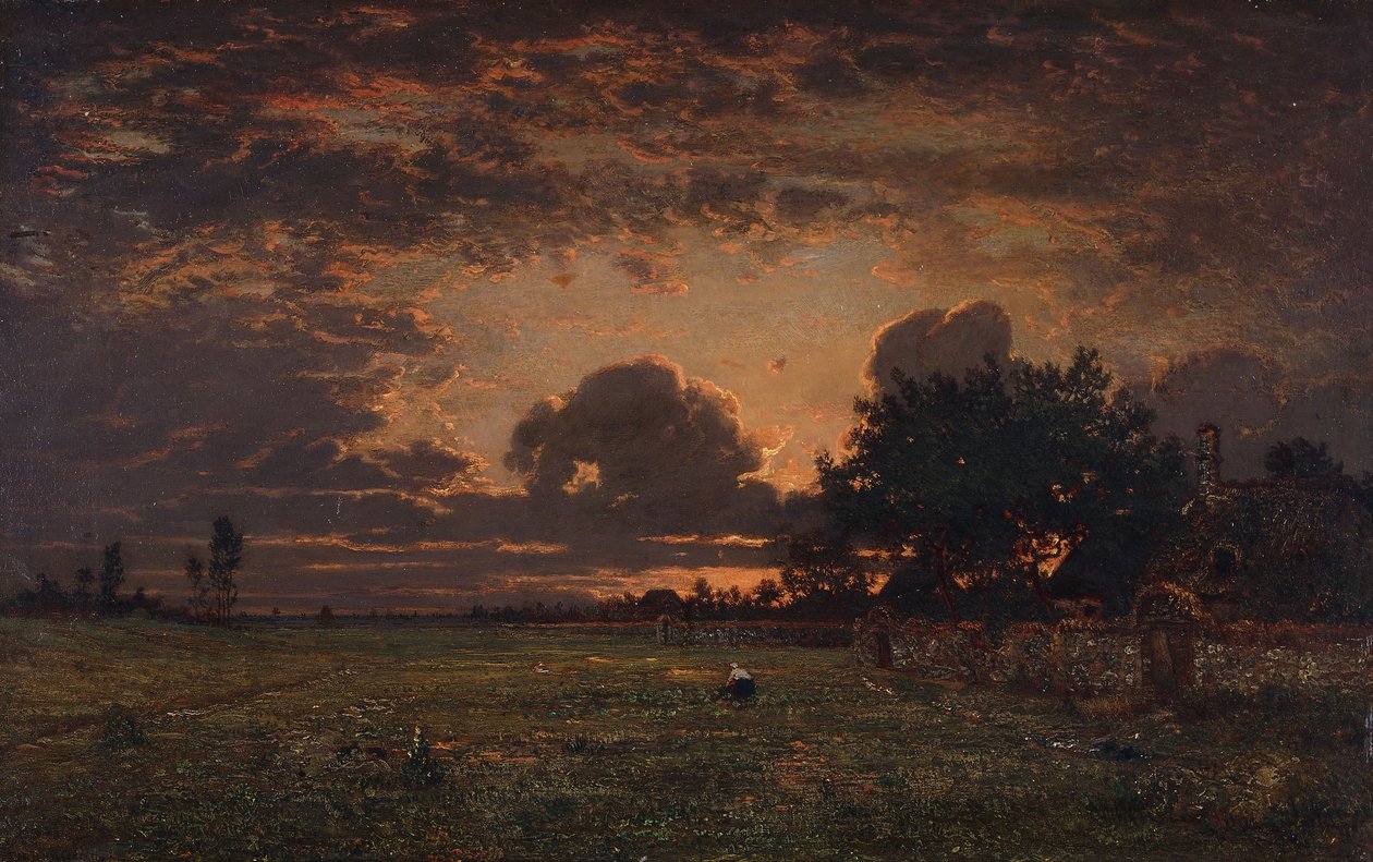 Západ slunce nad plání Barbizon, od Pierre Etienne Theodore Rousseau