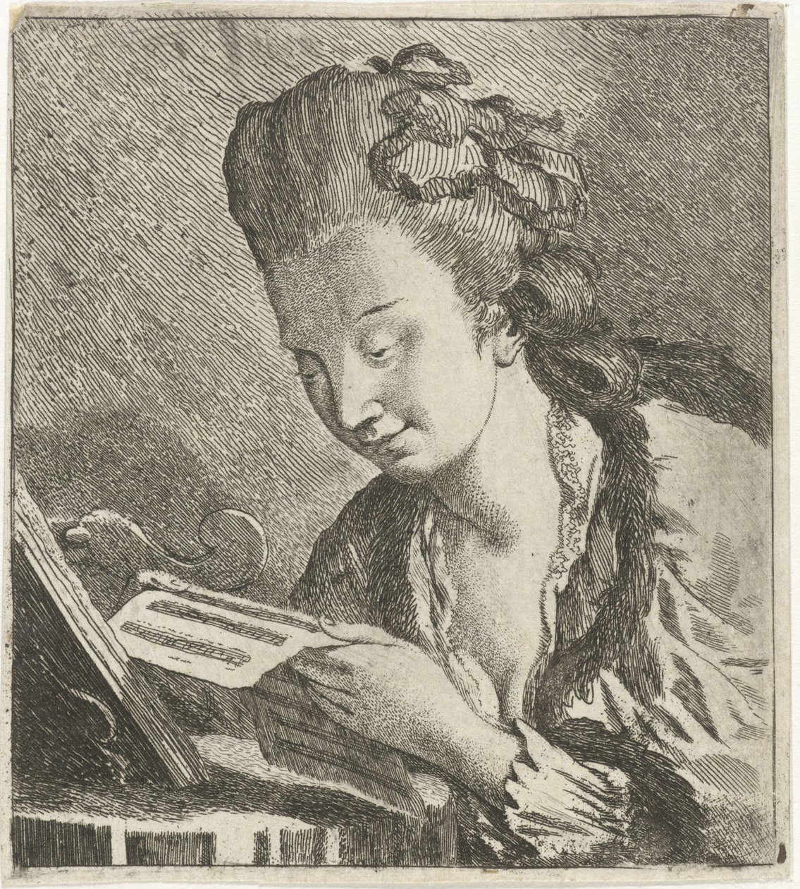Mladá žena čte noty od Theodorus de Roode