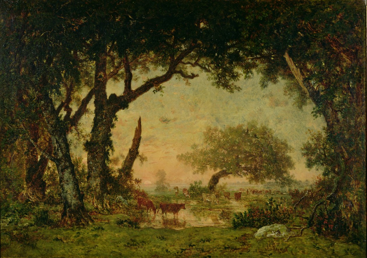 Okraj lesa ve Fontainebleau, zapadající slunce, 1850-51 od Pierre Etienne Theodore Rousseau