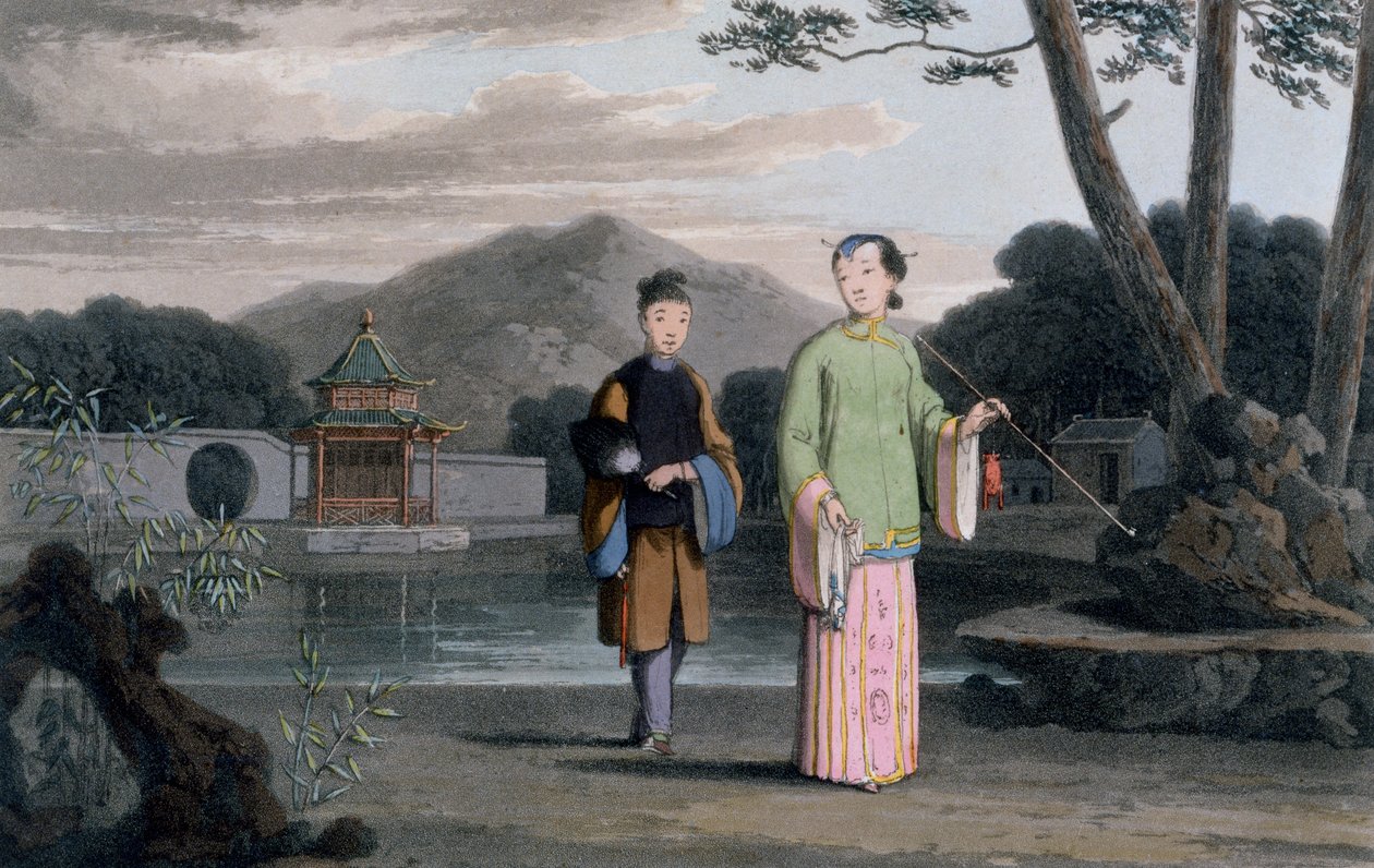 Čínská dáma s pavilonem v pozadí, z „Malebné cesty do Indie, cestou Číny“, 1810 od Thomas und William Daniell
