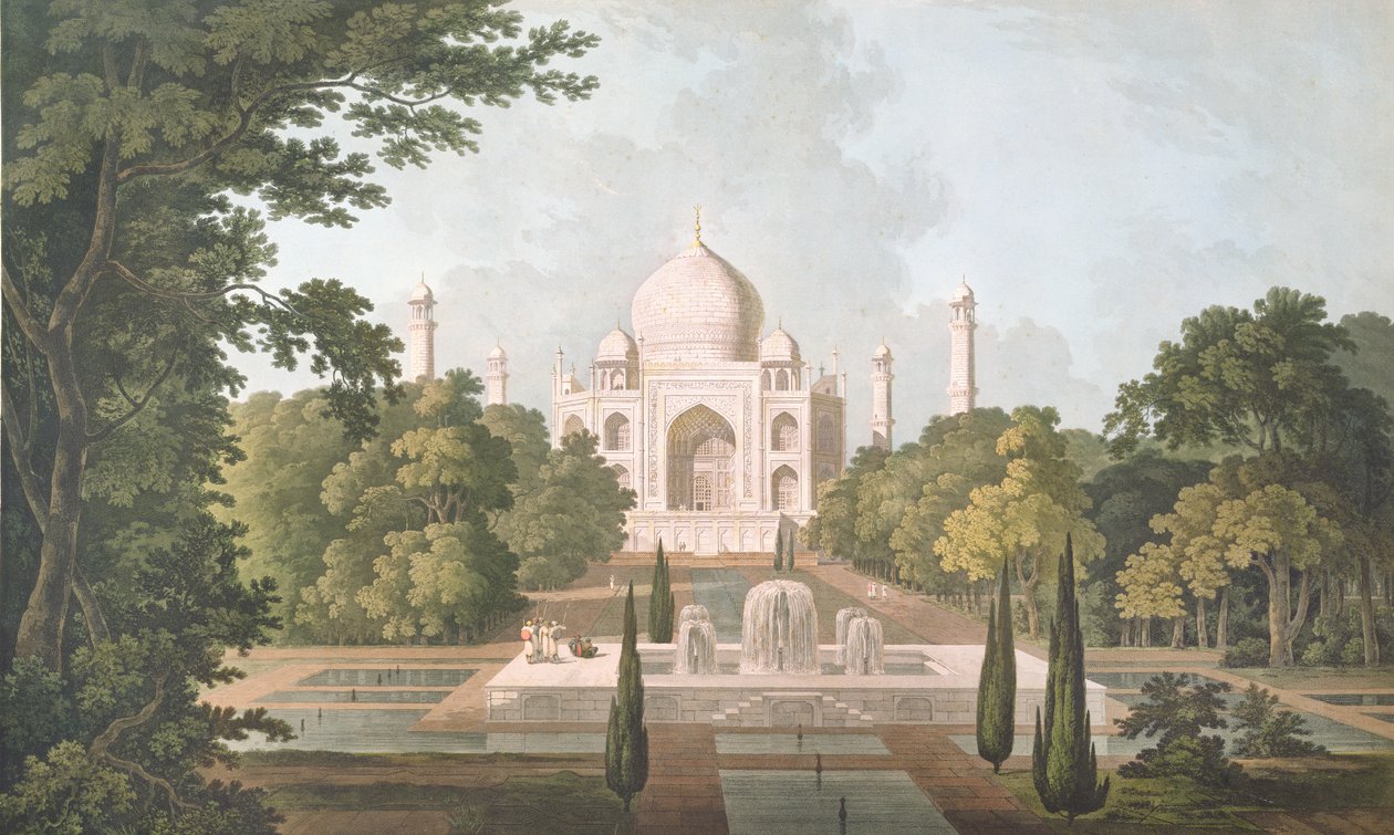 Taj Mahal, Agra, ze zahrady, vydaný v roce 1801 od Thomas und William Daniell