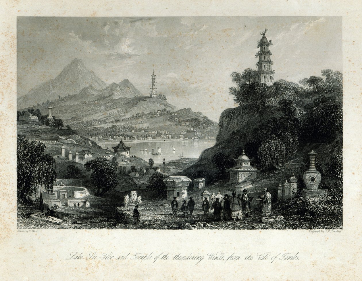 Jezero See-Hoo a Chrám hromových větrů, z Vale of Tombs, vyryto J.C. Bentley, 1843 (ocelová rytina) od Thomas Allom